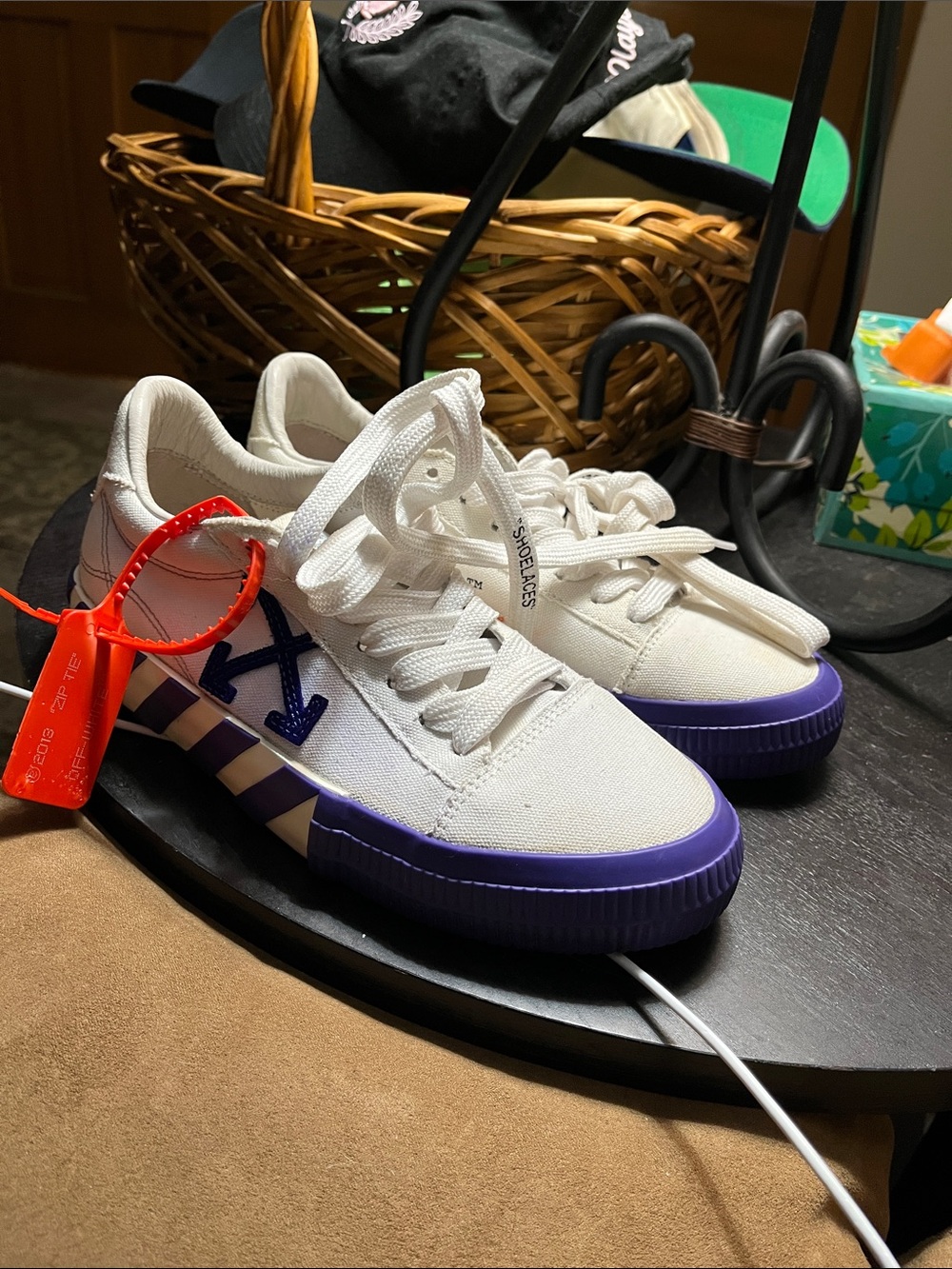 Authentic Off White White Canvas Sneakers with Purple Accents